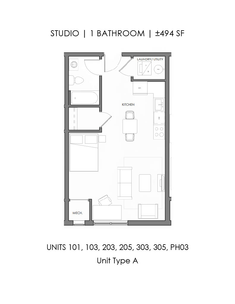 Studio, 1 bathroom 494 square feet floor plan